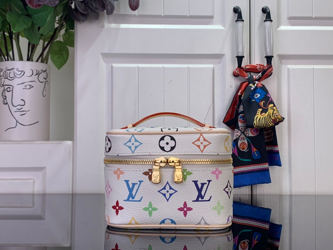 Louis Vuitton multicolor monogram vanity bag with top handles and gold zipper