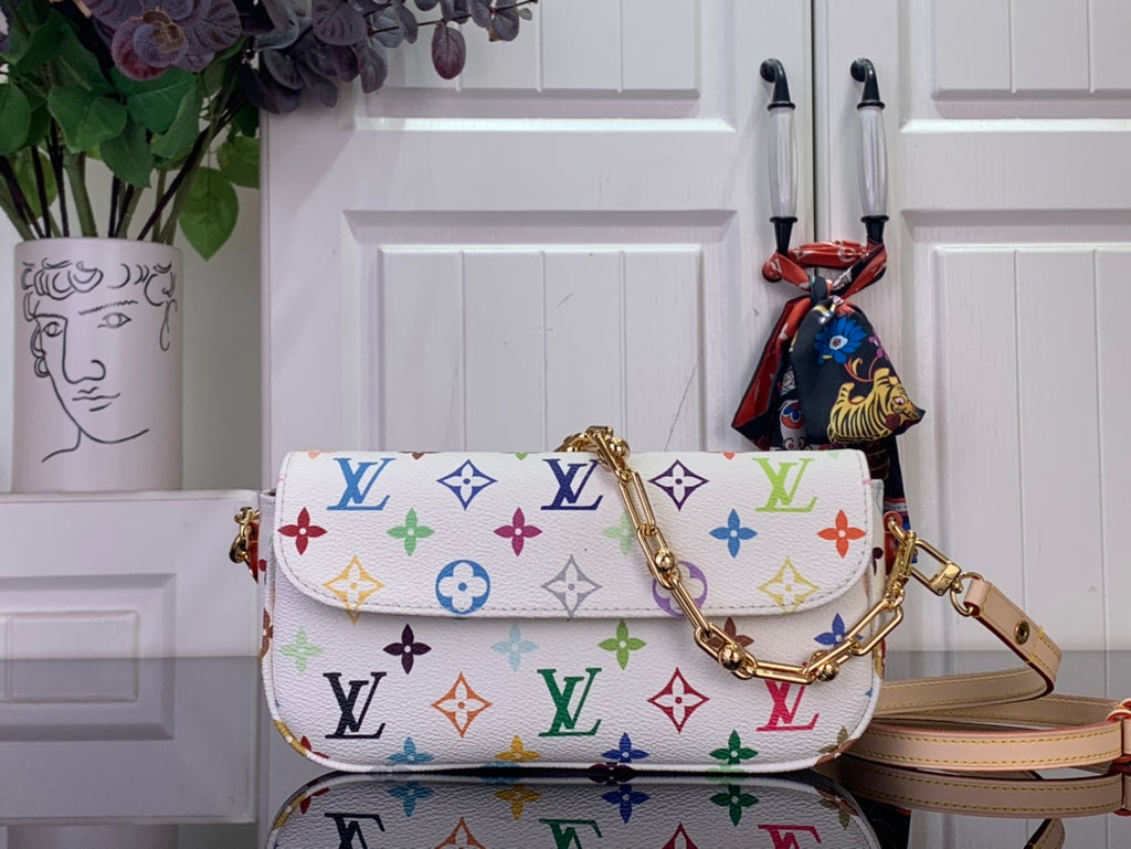 Louis Vuitton multicolor monogram crossbody bag with chain strap and beige leather trim