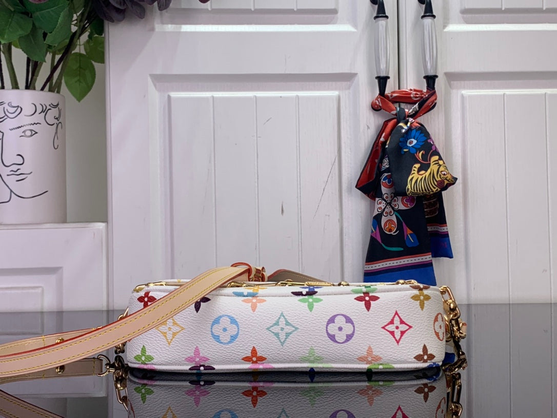 Multicolor monogram crossbody bag with curved top and beige strap connection