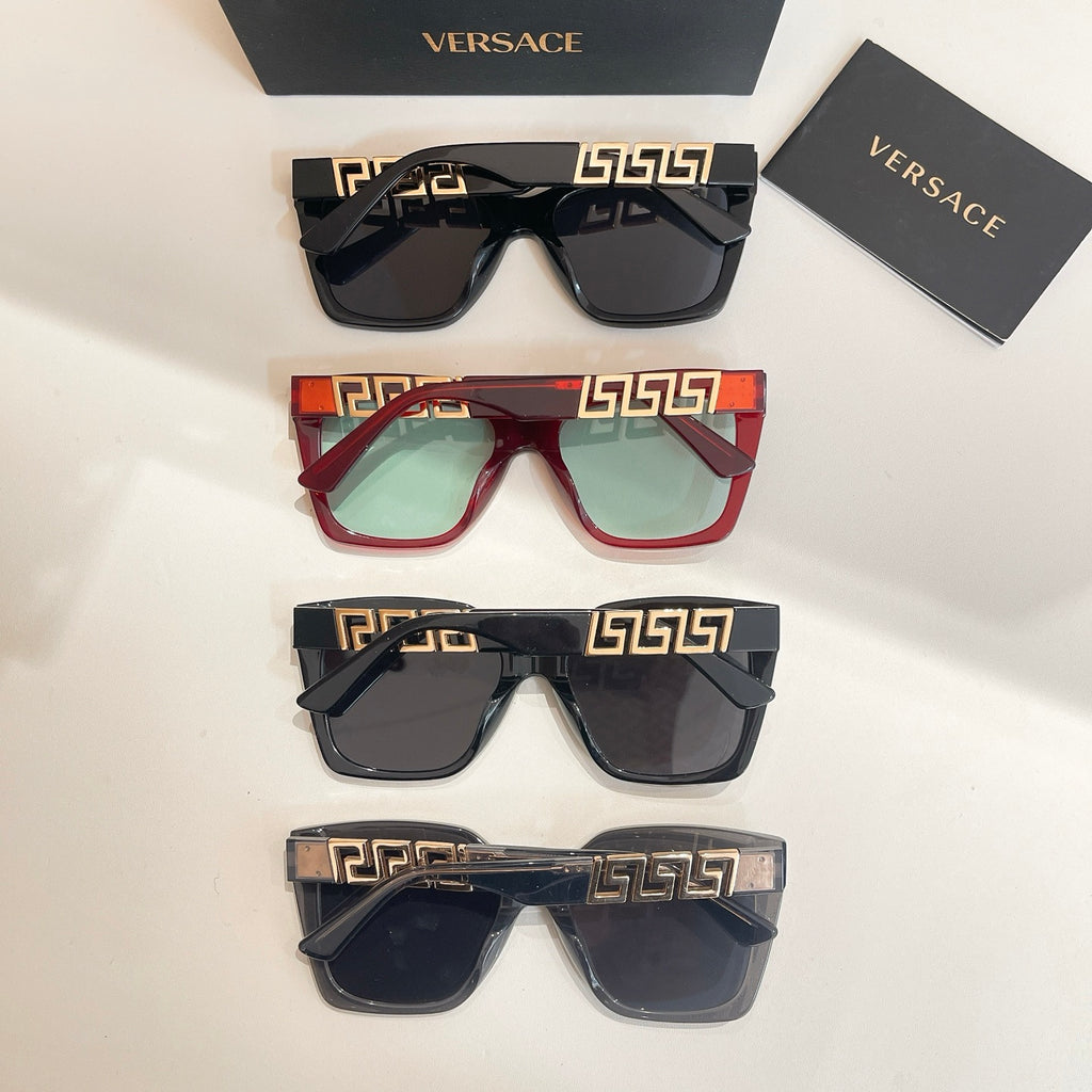 Assorted square sunglasses set in black, red, and dark tones with cases