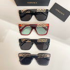 Assorted square sunglasses set in black, red, and dark tones with cases