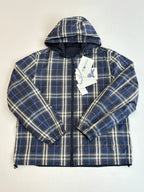 Burberry blue plaid hooded jacket with full zip and drawstring hood