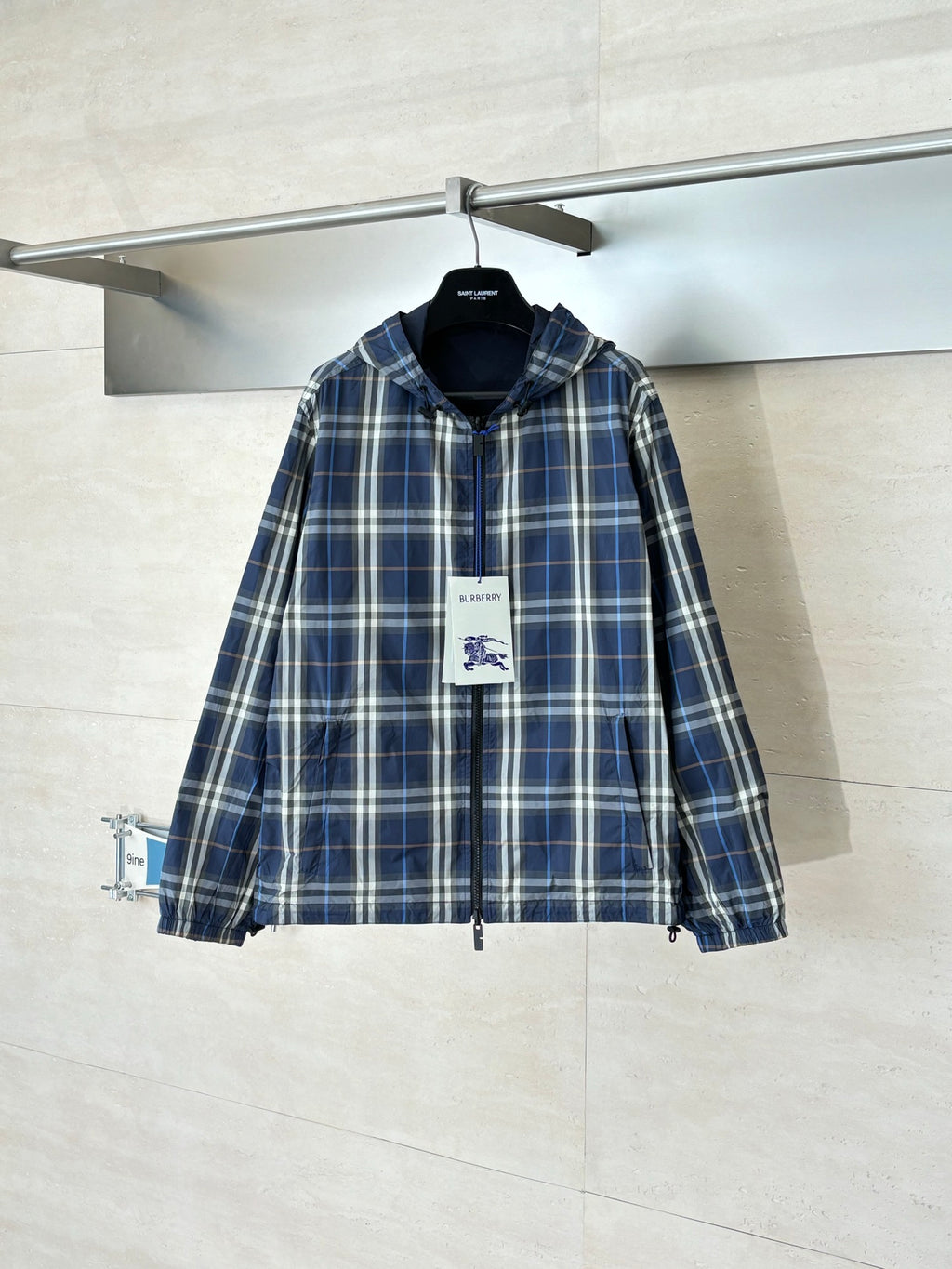 Burberry hooded jacket in blue plaid with full zip and adjustable drawcord hem