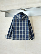 Burberry blue plaid hooded jacket with full-length zipper and gathered hood