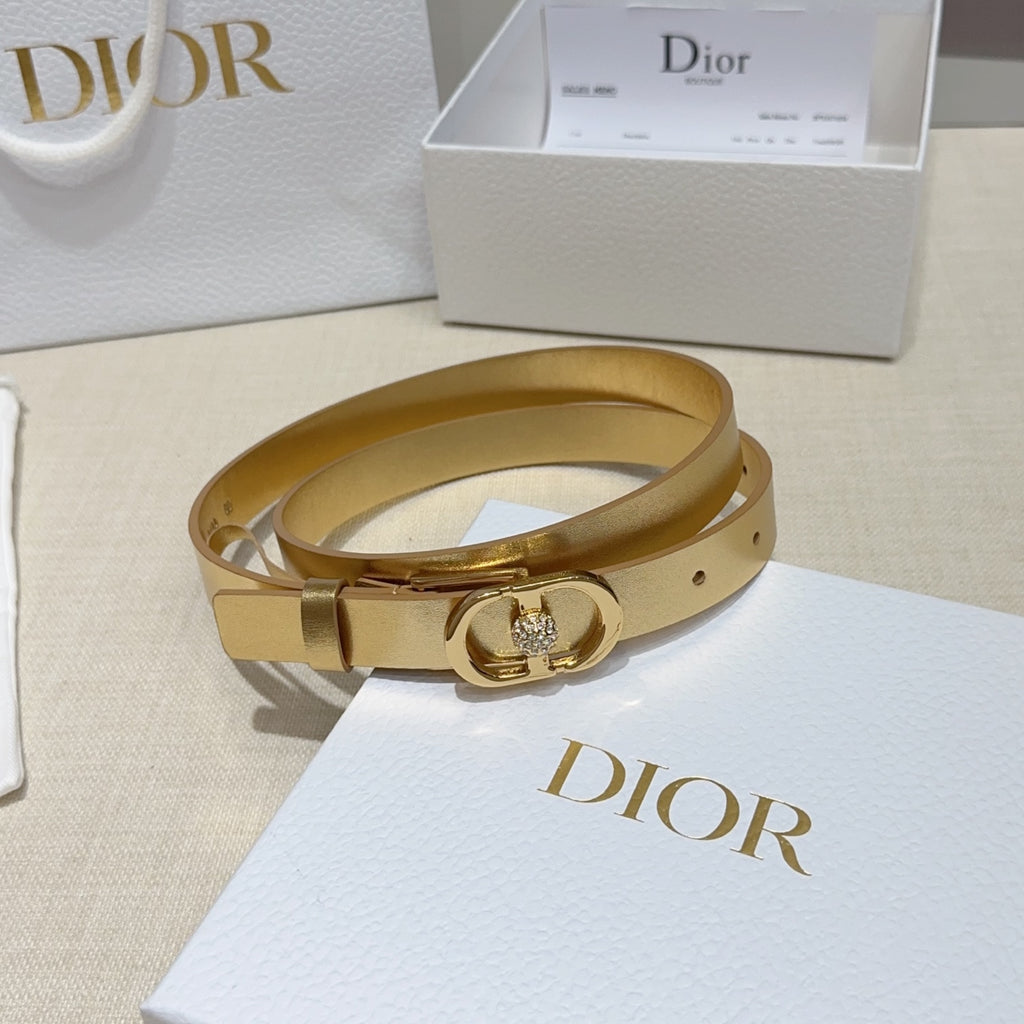 Dior gold-tone belt with oval buckle and rhinestone detail laid on white box