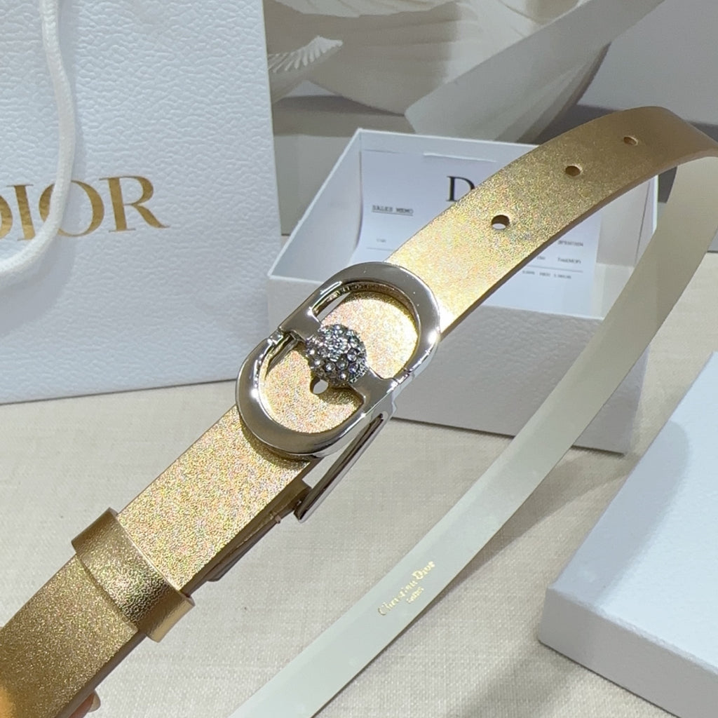 Gold glitter belt with oval silver buckle and round crystal embellishment