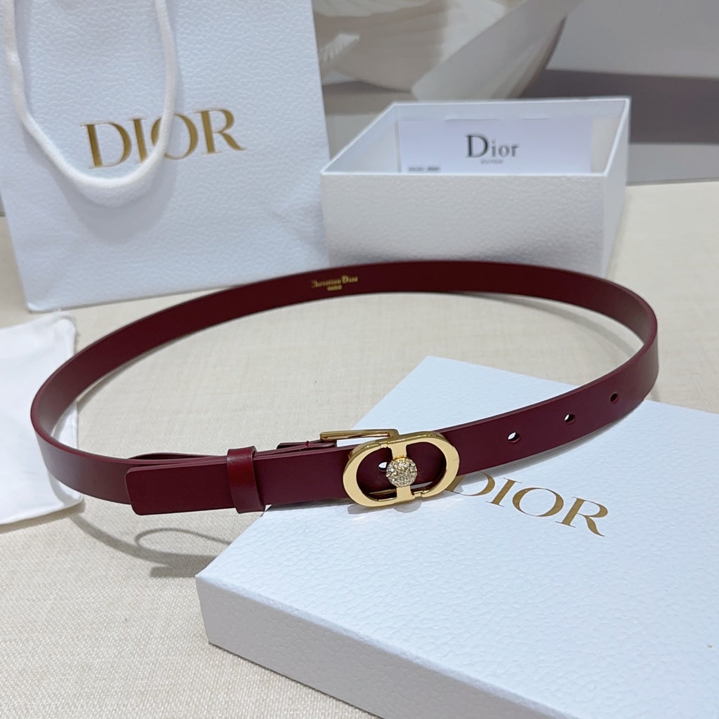 Burgundy leather belt with gold-tone D buckle and crystal charm