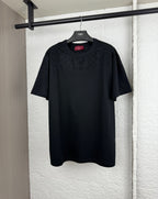Black short-sleeve T-shirt with subtle logo pattern