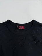 Black short-sleeve T-shirt neckline with inner logo label