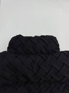 Black woven-texture hooded jacket back with quilted detail