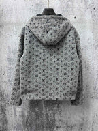 Louis Vuitton hooded full-zip jacket back view in dark gray with monogram pattern