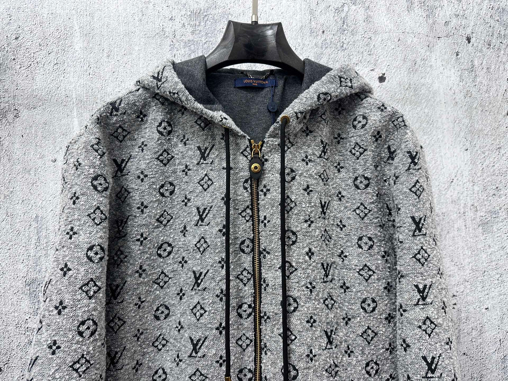 Louis Vuitton hooded full-zip jacket front view in dark gray monogram pattern