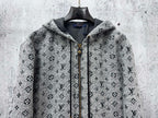 Louis Vuitton hooded full-zip jacket front view in dark gray monogram pattern