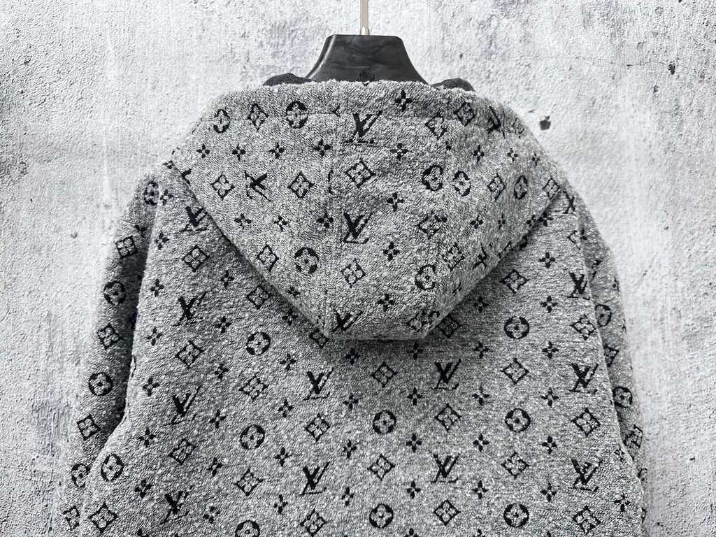 Louis Vuitton hooded full-zip jacket back view in dark gray with monogram pattern