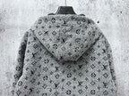 Louis Vuitton hooded full-zip jacket back view in dark gray with monogram pattern