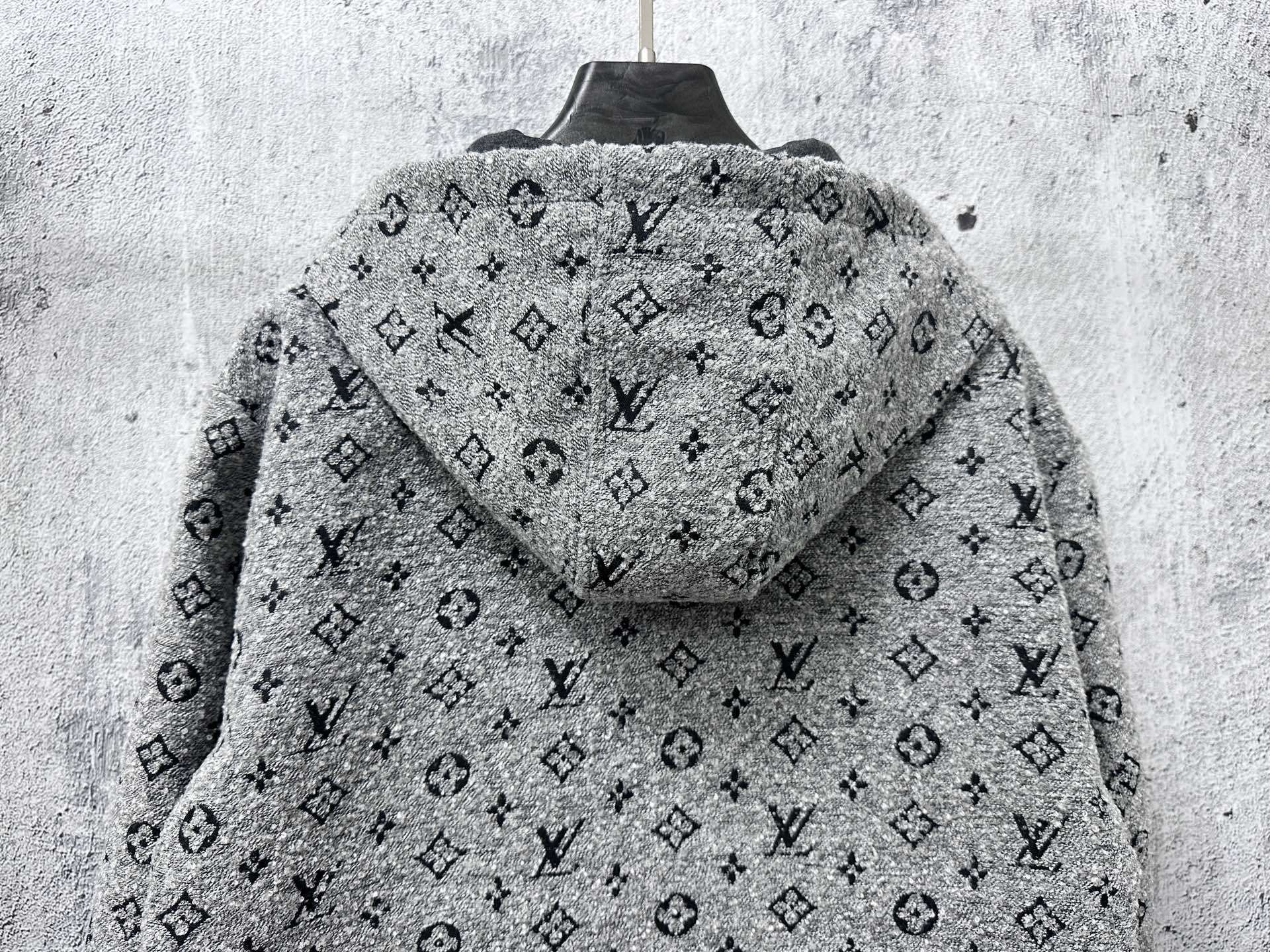 Louis Vuitton hooded full-zip jacket back view in dark gray with monogram pattern