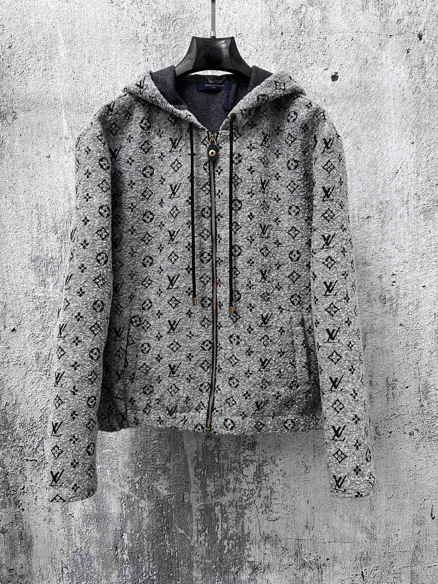 Louis Vuitton hooded full-zip jacket in dark gray with monogram pattern and drawstrings