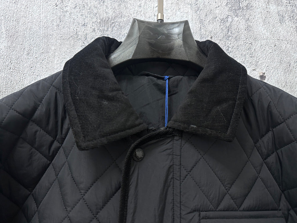 Burberry long quilted jacket collar and button placket, black quilted fabric