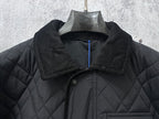 Burberry long quilted jacket collar and button placket, black quilted fabric