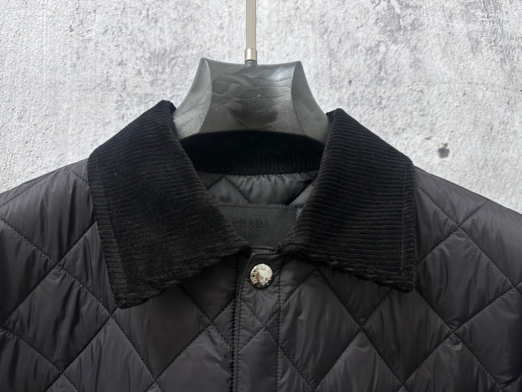 Prada long jacket collar on quilted dark fabric with gold snap