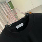 Black crewneck sweatshirt neckline with ribbed collar and white size label