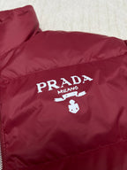 Prada red puffer jacket chest logo graphic and quilted stitch detail