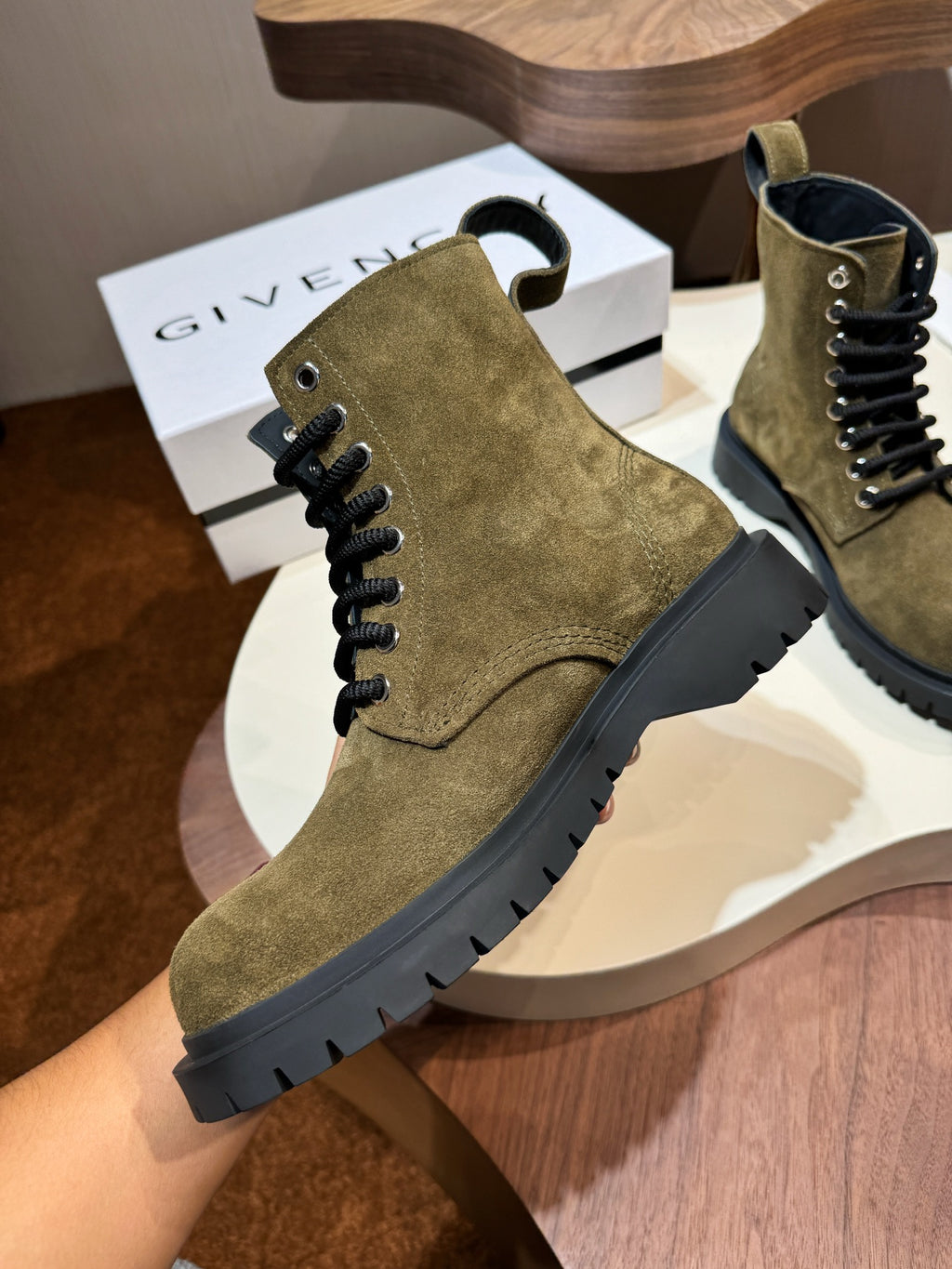 Givenchy olive suede lace-up ankle boot with circular eyelets and chunky sole
