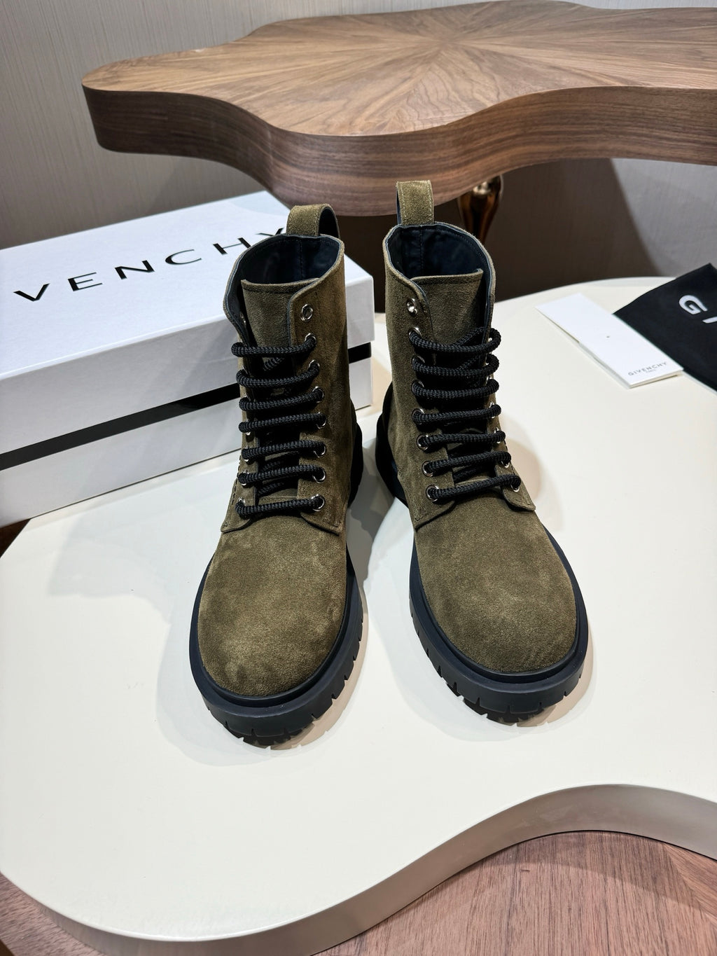 Givenchy olive suede lace-up ankle boots with black sole and pull-tab