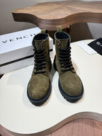 Givenchy olive suede lace-up ankle boots with black sole and pull-tab