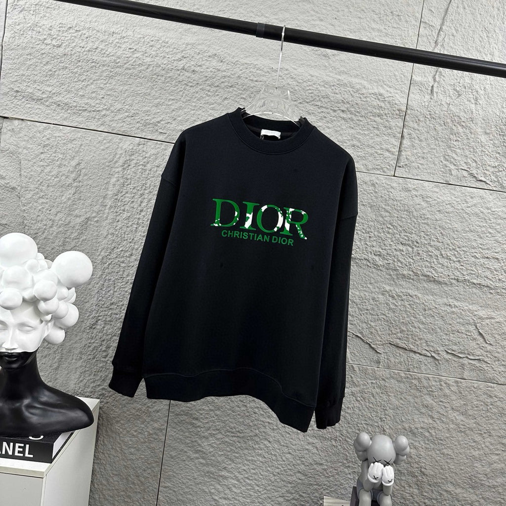 Black long-sleeve crewneck sweatshirt with green DIOR logo on chest