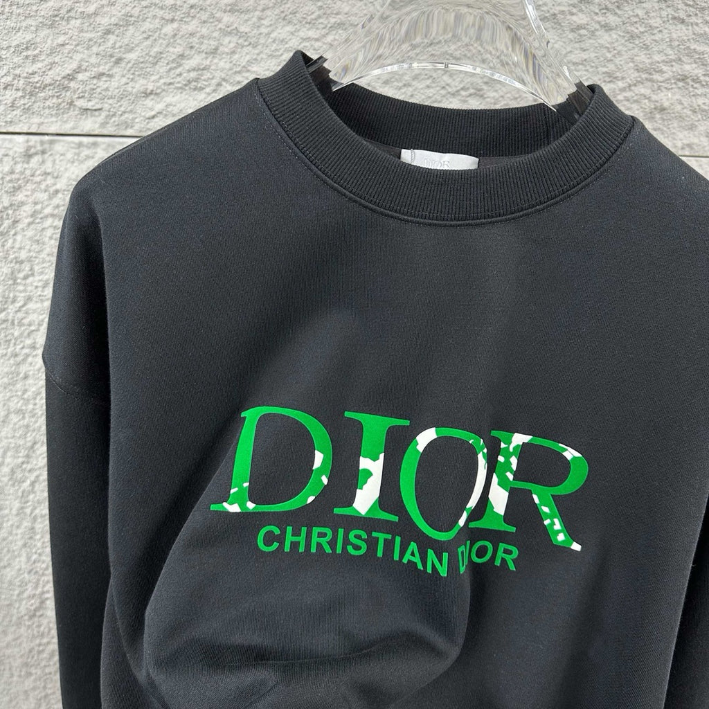 Black crewneck sweatshirt with green DIOR CHRISTIAN DIOR logo, ribbed collar