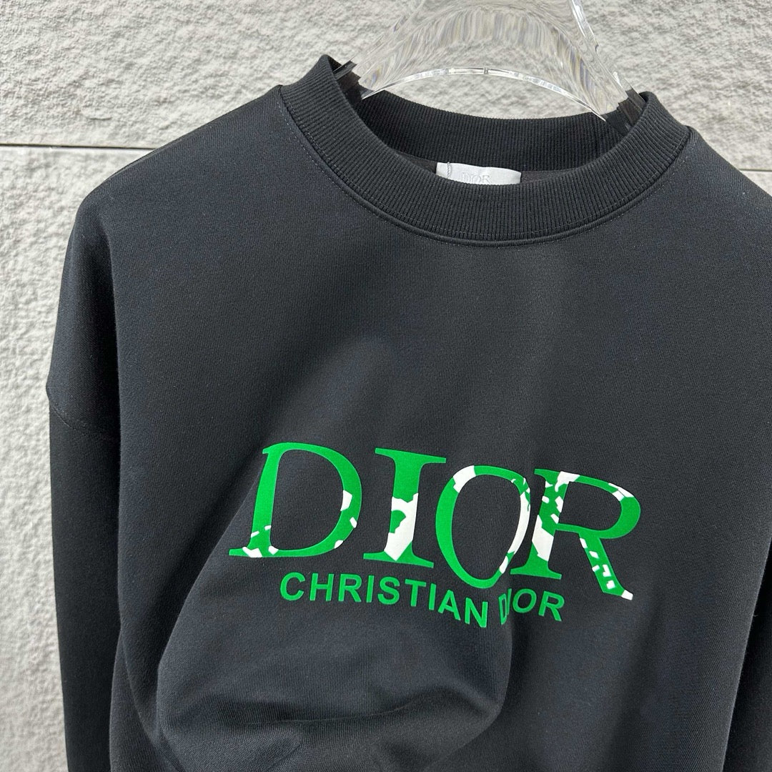 Black crewneck sweatshirt with green DIOR CHRISTIAN DIOR logo, ribbed collar