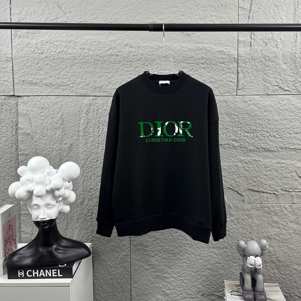 Black crewneck sweatshirt with long sleeves and green DIOR logo