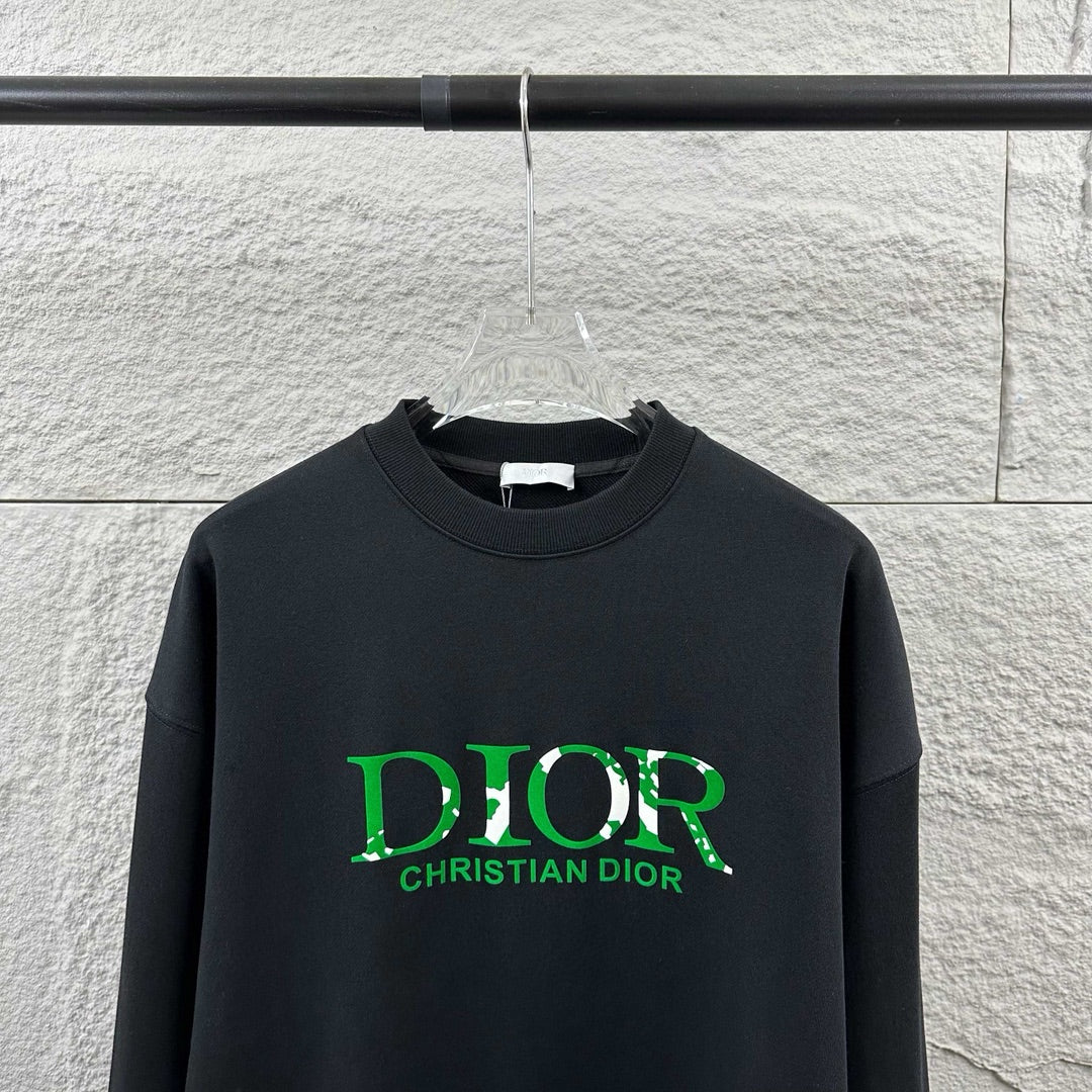 Black crewneck sweatshirt with green DIOR CHRISTIAN DIOR logo, round neck