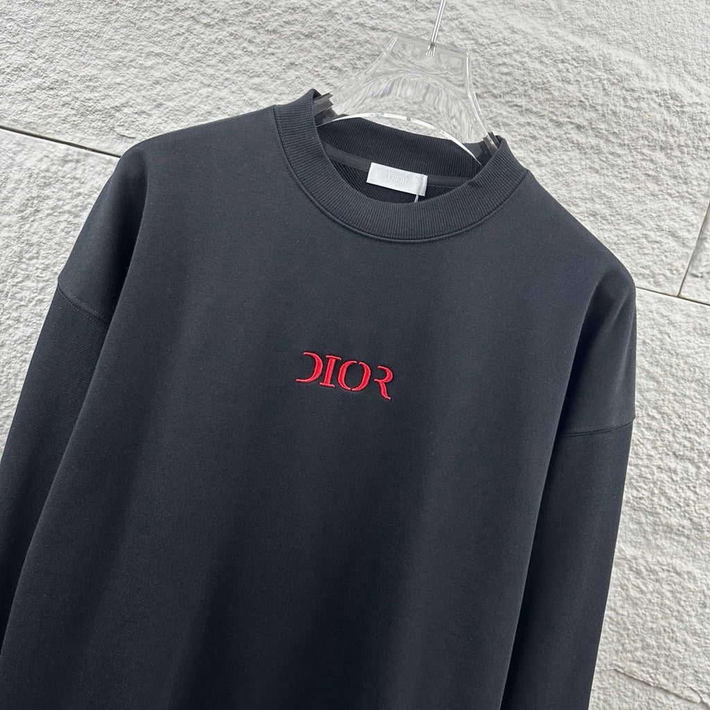 Dark Dior sweatshirt, red 'DIOR' logo across chest and ribbed crew neckline