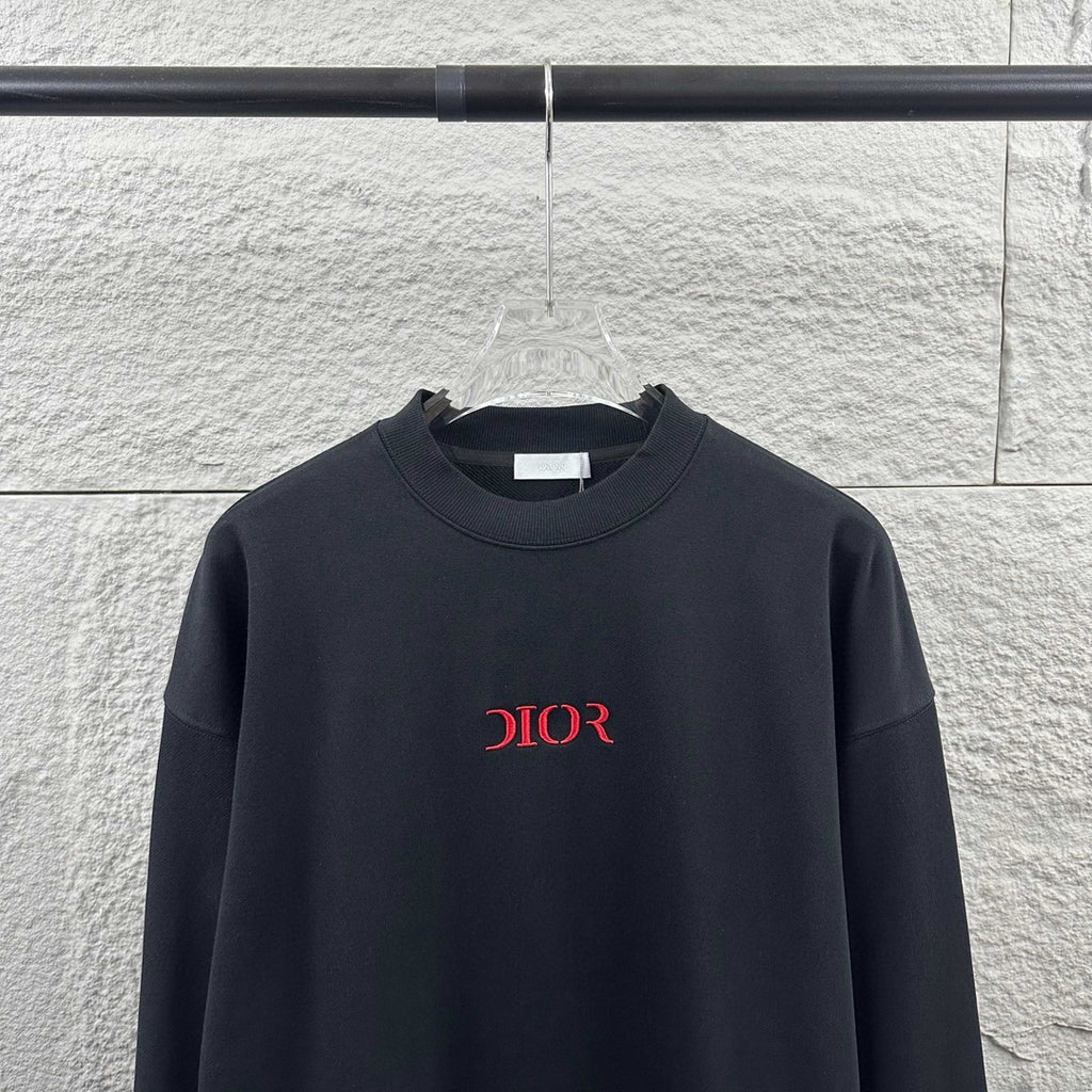 Dark Dior crewneck sweatshirt with ribbed collar and red 'DIOR' logo on chest