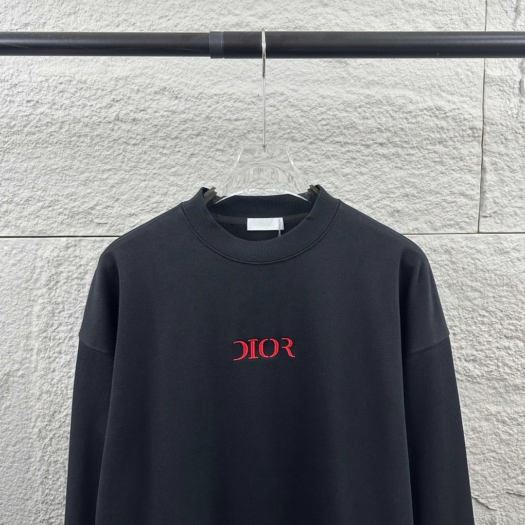 Dark Dior crewneck sweatshirt with ribbed collar and red 'DIOR' logo on chest