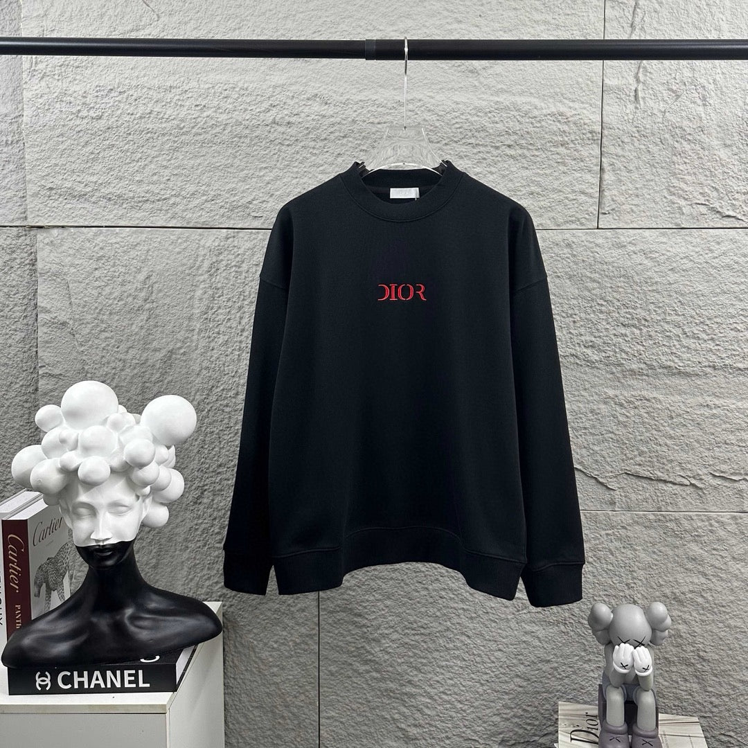 Dior long-sleeve sweatshirt, dark crewneck with small red Dior logo on chest