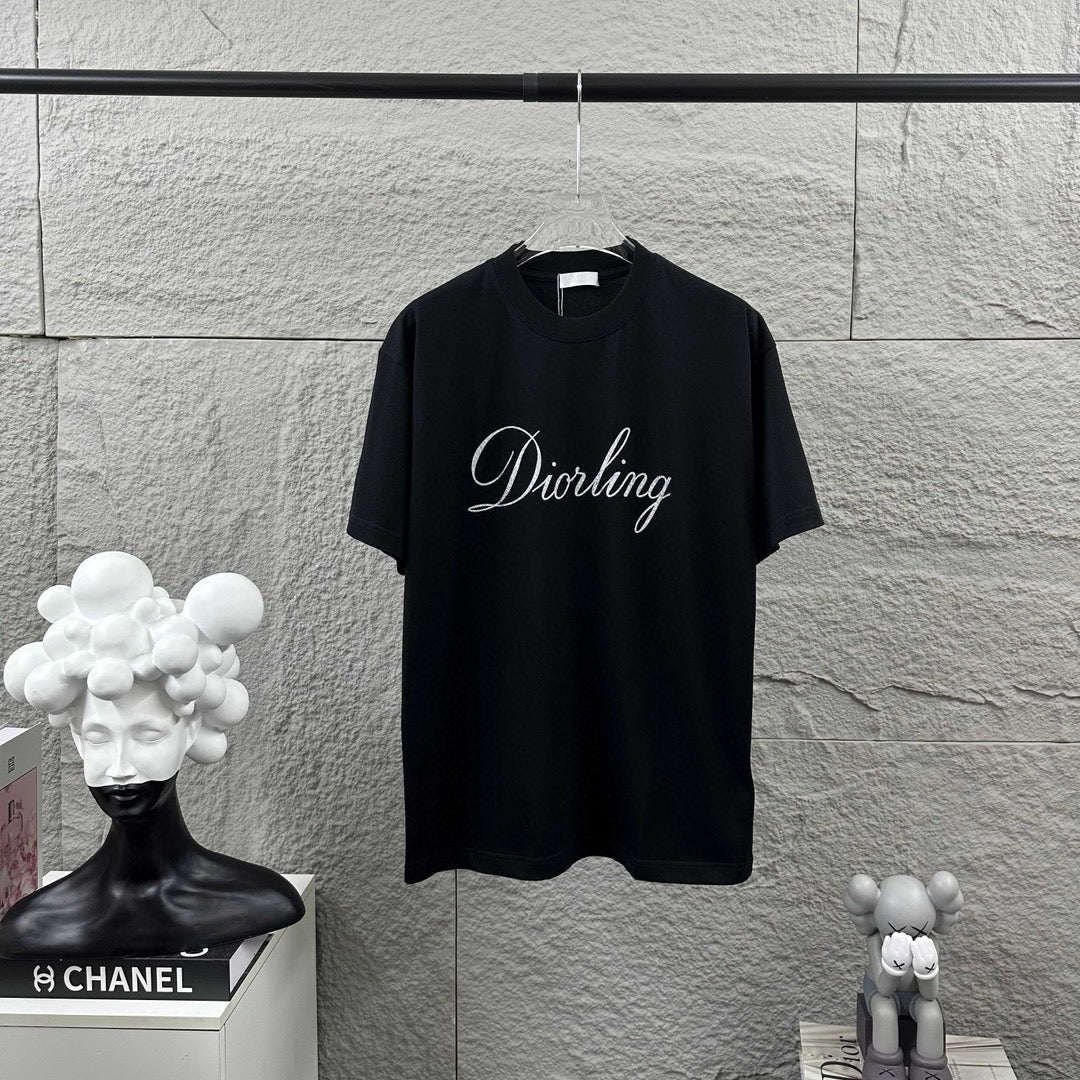 Black short-sleeve T-shirt with “Diortling” script logo on the front