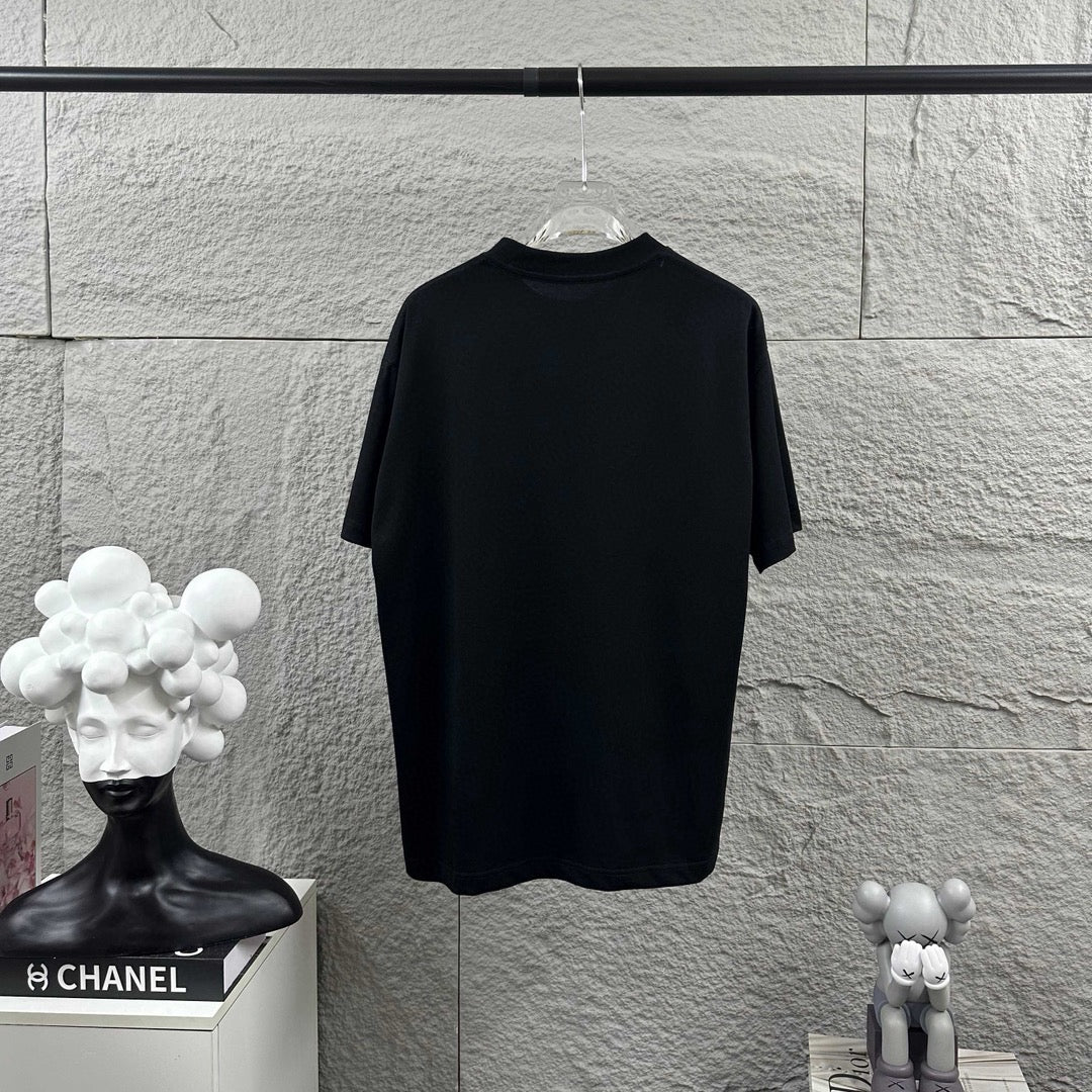 Black short-sleeve T-shirt, plain back view on a hanger