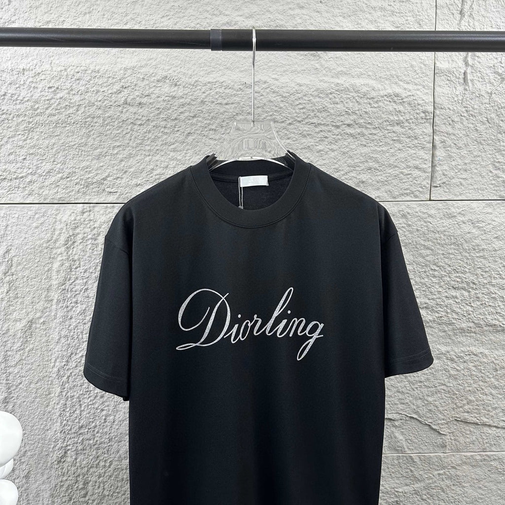 Black short-sleeve crewneck T-shirt with “Diortling” script logo at center