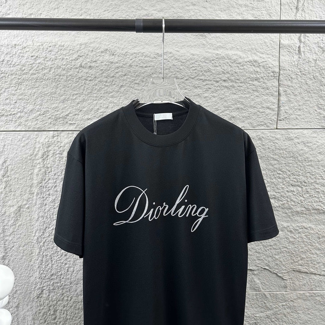 Black short-sleeve crewneck T-shirt with “Diortling” script logo at center