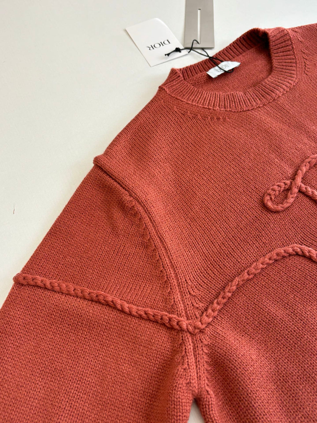 Dior knit sweater sleeve and shoulder, rust red, ribbed collar and decorative trim