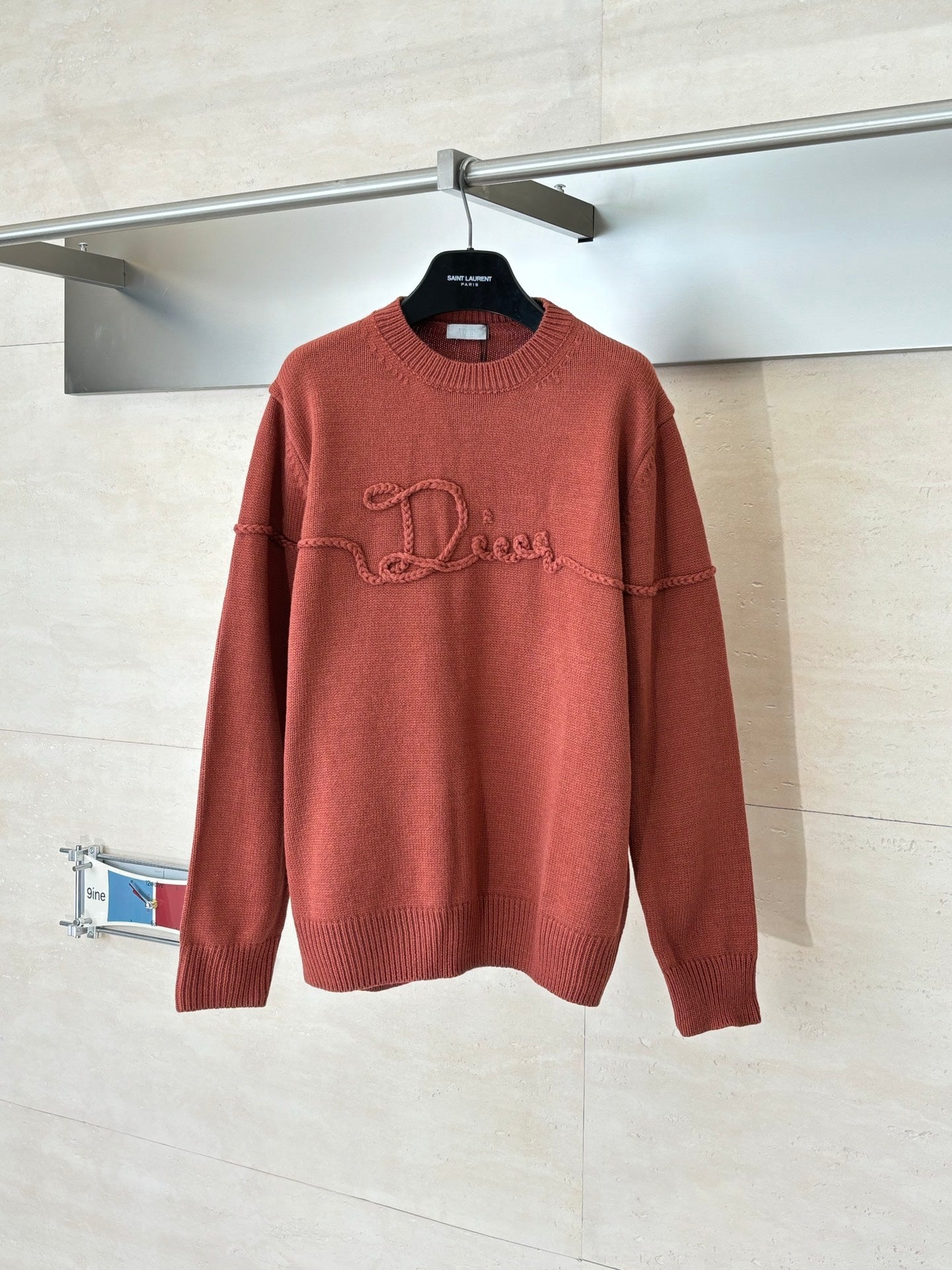 Dior long-sleeve knit sweater, rust red, crew neck, embroidered logo on chest