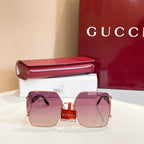 Square sunglasses with rose-gold metal frame and purple tinted lenses, front view.