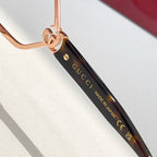 Sunglasses temple with gold lettering on black interior and rose-gold hinge detail.
