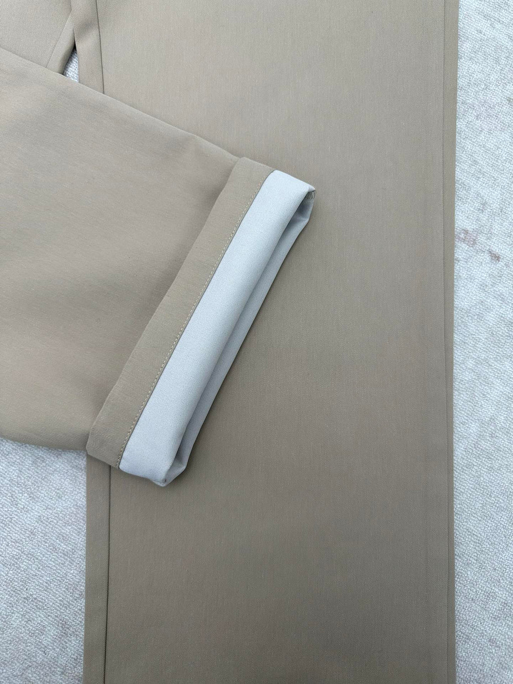 Louis Vuitton pants cuff and hem detail, light beige straight leg