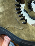 Givenchy olive suede ankle boot vamp with lace-up loops and stitched seams