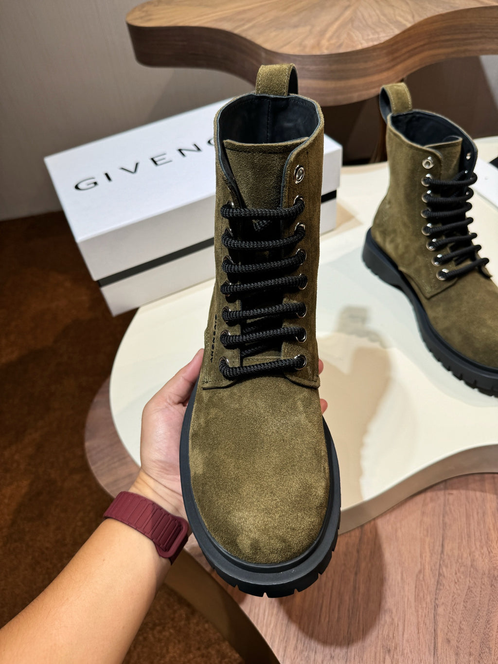 Givenchy olive suede lace-up ankle boot with side logo tab and black sole