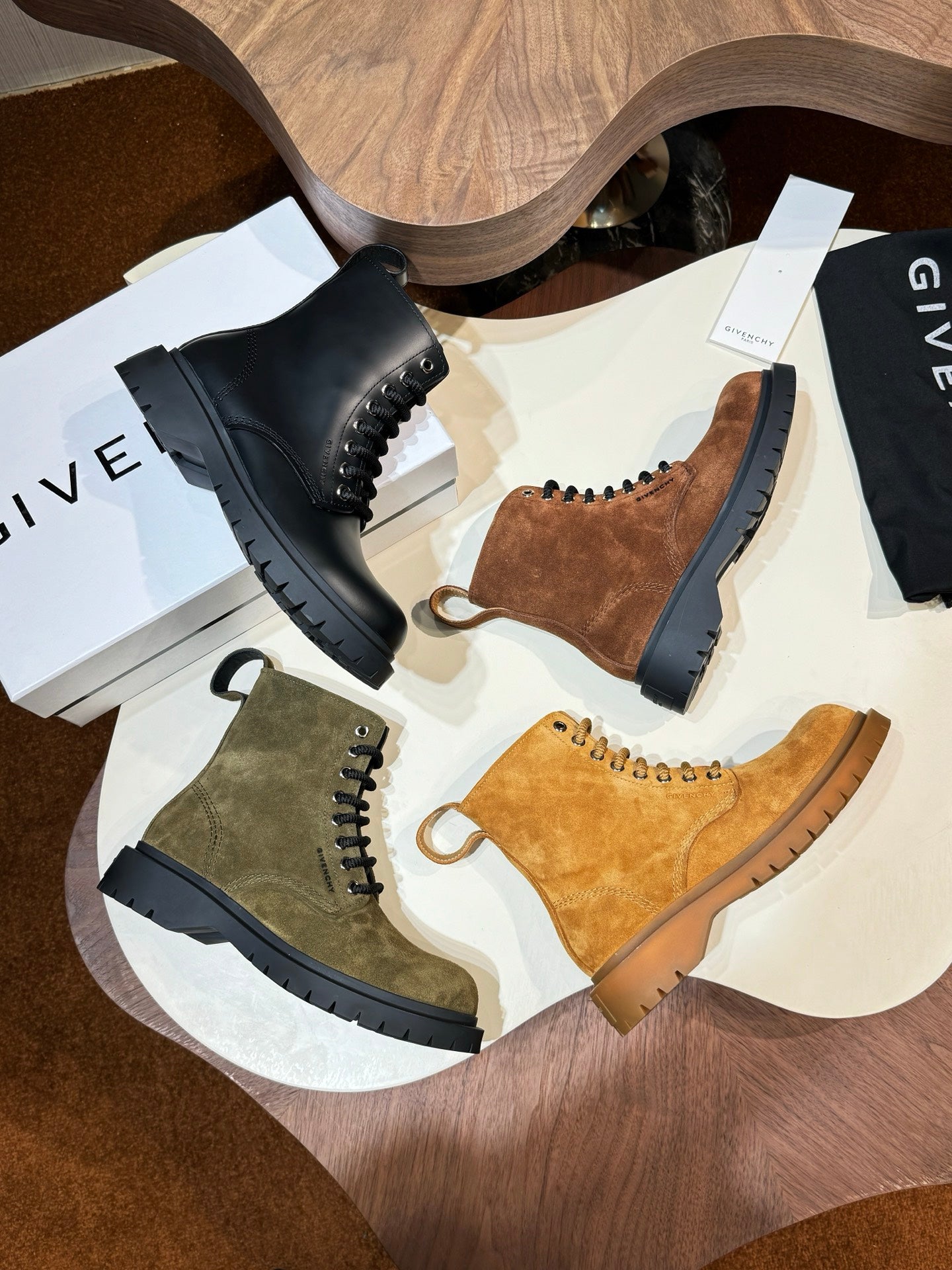 Givenchy ankle boots assortment: black, tan, and brown suede lace-ups